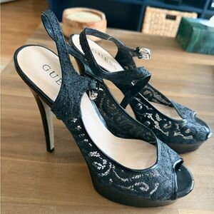 Guess Elegant Black Lace Peep Toe Heels
